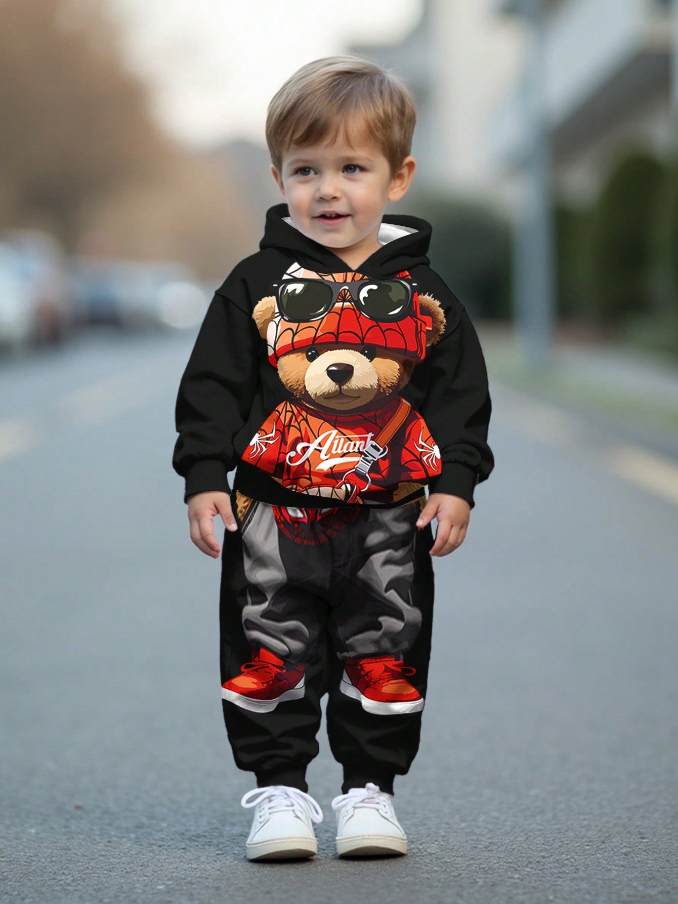 مجموعة بنطلون وبلوزة كاجوال كرتونية فضفاضة مبطنة بالقطيفة بأكمام طويلة وقبعة