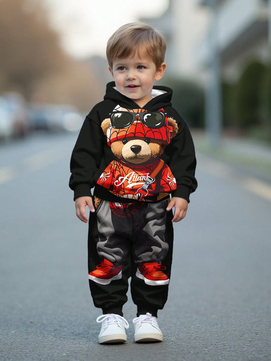 مجموعة بنطلون وبلوزة كاجوال كرتونية فضفاضة مبطنة بالقطيفة بأكمام طويلة وقبعة