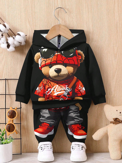 مجموعة بنطلون وبلوزة كاجوال كرتونية فضفاضة مبطنة بالقطيفة بأكمام طويلة وقبعة