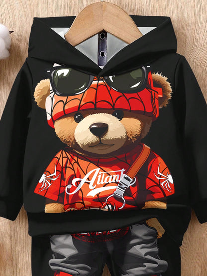 مجموعة بنطلون وبلوزة كاجوال كرتونية فضفاضة مبطنة بالقطيفة بأكمام طويلة وقبعة