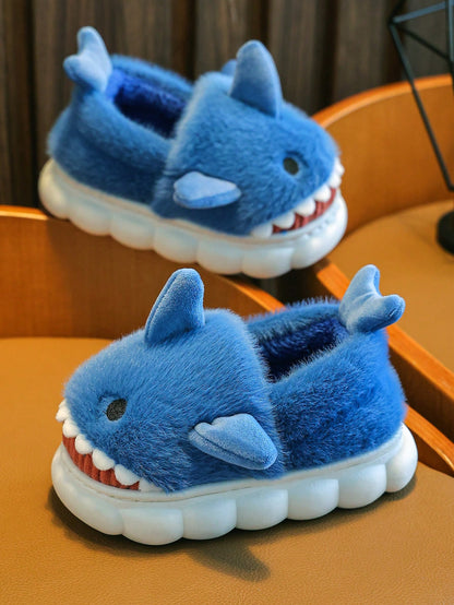 زوج نعال وشبشب فرو قطيفة بشكل سمكة قرش جميلة للأولاد، مناسبة للاستخدام في الشتاء