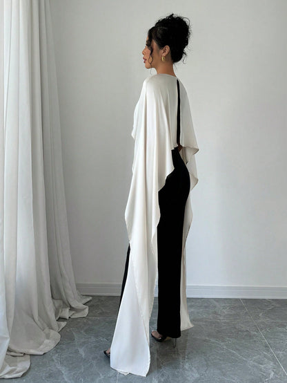 بدلة إكسسوار حريمي أنيقة 2 في 1 ، مرقع بالاريب نيت ، ياقة مستديرة مع شق في الخلف، ألوان متباينة البرتقالي والأسود ، مناسبة للخريف/الشتاء