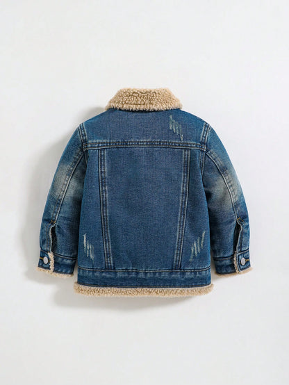 معطف تيدي للأطفال الصغار من الجينز والفليس اللين والناعم، ذو ياقة واقية، أكمام طويلة، بطانة حرارية، لملابس الخريف/الشتاء للأولاد الصغار