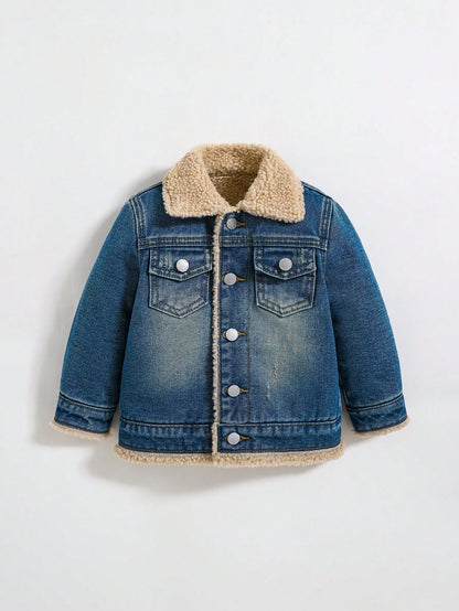 معطف تيدي للأطفال الصغار من الجينز والفليس اللين والناعم، ذو ياقة واقية، أكمام طويلة، بطانة حرارية، لملابس الخريف/الشتاء للأولاد الصغار