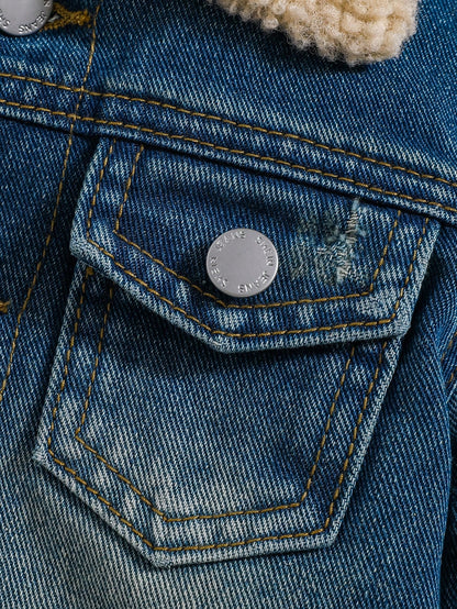 معطف تيدي للأطفال الصغار من الجينز والفليس اللين والناعم، ذو ياقة واقية، أكمام طويلة، بطانة حرارية، لملابس الخريف/الشتاء للأولاد الصغار