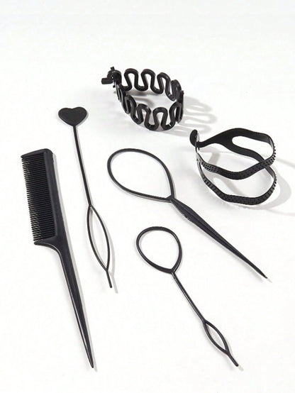 مجموعة أدوات تصفيف الشعر الأسود 6 قطع ، بما في ذلك صانع الكعكة وزهرة الشعر ولف كعكة الشعر وعصا الشعر ومشط الشعر ومشبك الشعر