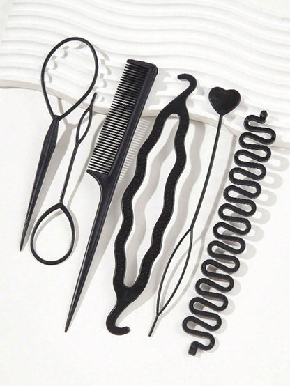 مجموعة أدوات تصفيف الشعر الأسود 6 قطع ، بما في ذلك صانع الكعكة وزهرة الشعر ولف كعكة الشعر وعصا الشعر ومشط الشعر ومشبك الشعر