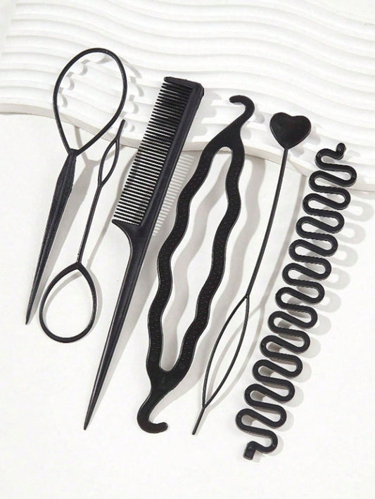 مجموعة أدوات تصفيف الشعر الأسود 6 قطع ، بما في ذلك صانع الكعكة وزهرة الشعر ولف كعكة الشعر وعصا الشعر ومشط الشعر ومشبك الشعر