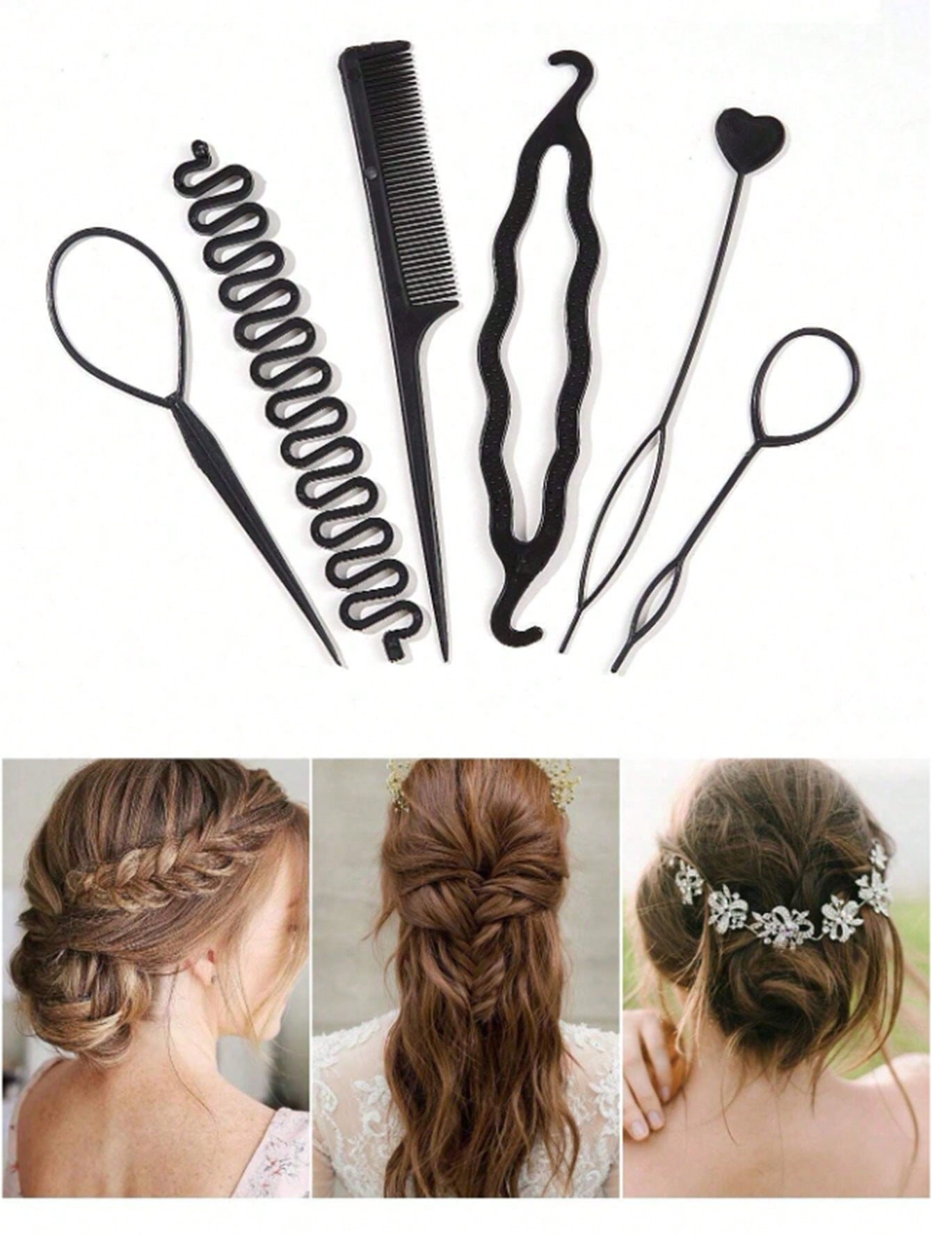 مجموعة أدوات تصفيف الشعر الأسود 6 قطع ، بما في ذلك صانع الكعكة وزهرة الشعر ولف كعكة الشعر وعصا الشعر ومشط الشعر ومشبك الشعر
