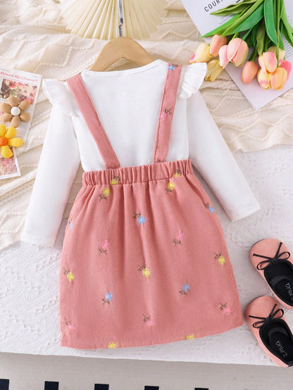 مجموعة فستان قصير مطرز بالأزهار وبلوزة بأكمام وبقلنسوة صغيرة