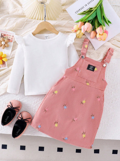 مجموعة فستان قصير مطرز بالأزهار وبلوزة بأكمام وبقلنسوة صغيرة