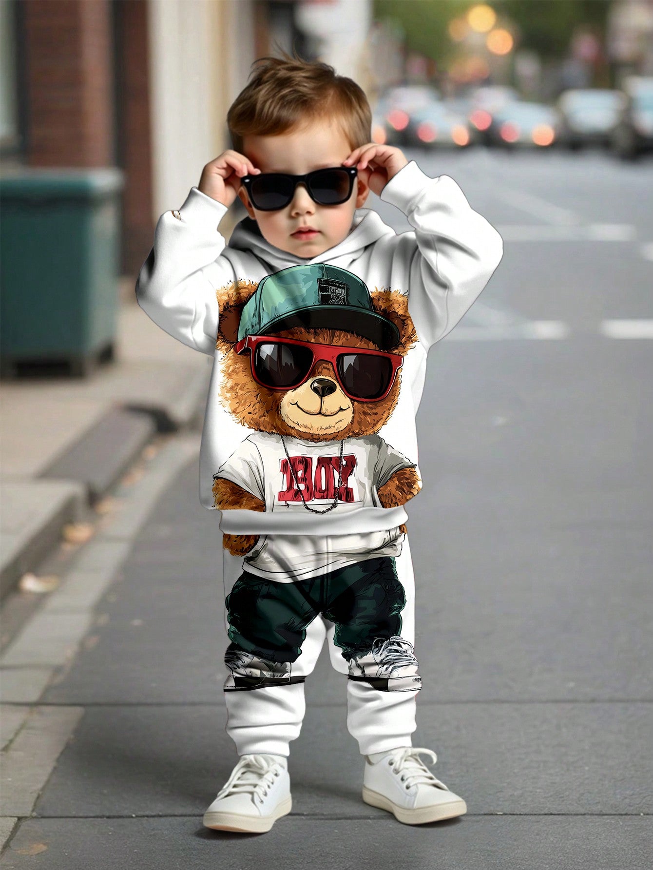 طقم فضفاض من البلوفر والقبعة المطبوع عليه شكل الدب الكرتوني للأطفال الصغار ، قطعتين ، قطن ناعم مريح مناسب للخريف والشتاء