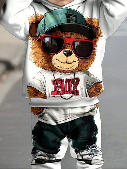 طقم فضفاض من البلوفر والقبعة المطبوع عليه شكل الدب الكرتوني للأطفال الصغار ، قطعتين ، قطن ناعم مريح مناسب للخريف والشتاء