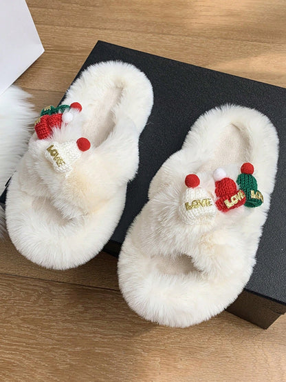 نعل داخلي/خارجي سميك من النعالات المنزلية بنقشة سانتا كلوز وشجرة الميلاد البيضاء الناعمة للنساء