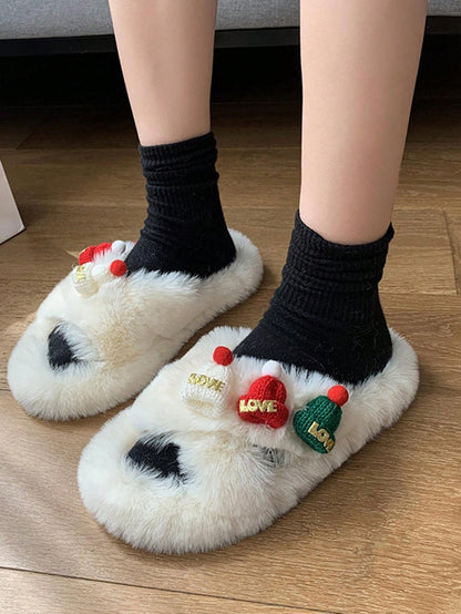 نعل داخلي/خارجي سميك من النعالات المنزلية بنقشة سانتا كلوز وشجرة الميلاد البيضاء الناعمة للنساء