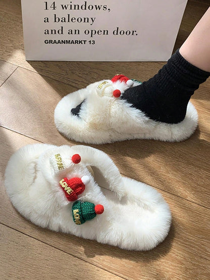 نعل داخلي/خارجي سميك من النعالات المنزلية بنقشة سانتا كلوز وشجرة الميلاد البيضاء الناعمة للنساء