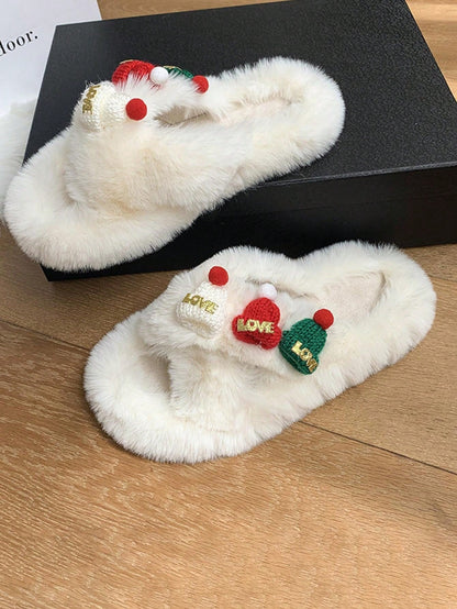 نعل داخلي/خارجي سميك من النعالات المنزلية بنقشة سانتا كلوز وشجرة الميلاد البيضاء الناعمة للنساء