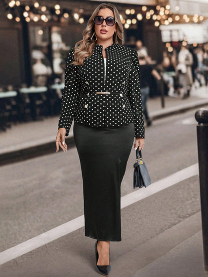 كبير الحجم سيدات جاكيت بأزرار معدنية مزين بنقاط بيضاء وسوداء، أنيق يومي لأعمال عصرية