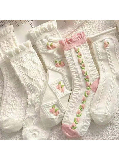 جوارب منتصف الساق الوردية والبيضاء الكورية المختلطة 5 أزواج ، مناسبة للأزياء والرياضة والمطابقة اللطيفة في الربيع والخريف