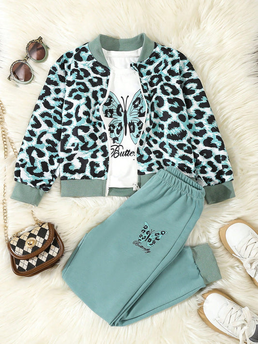 طقم كاجوال مكون من 3 قطع من جاكيت بيسبول طباعة فهد للفتاة الصغيرة، وبلوزة طباعة فراشة وبنطلون رياضي في الربيع والخريف