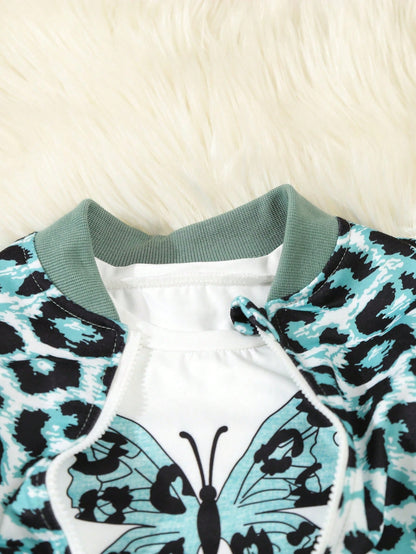 طقم كاجوال مكون من 3 قطع من جاكيت بيسبول طباعة فهد للفتاة الصغيرة، وبلوزة طباعة فراشة وبنطلون رياضي في الربيع والخريف