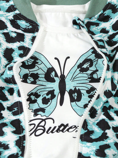 طقم كاجوال مكون من 3 قطع من جاكيت بيسبول طباعة فهد للفتاة الصغيرة، وبلوزة طباعة فراشة وبنطلون رياضي في الربيع والخريف