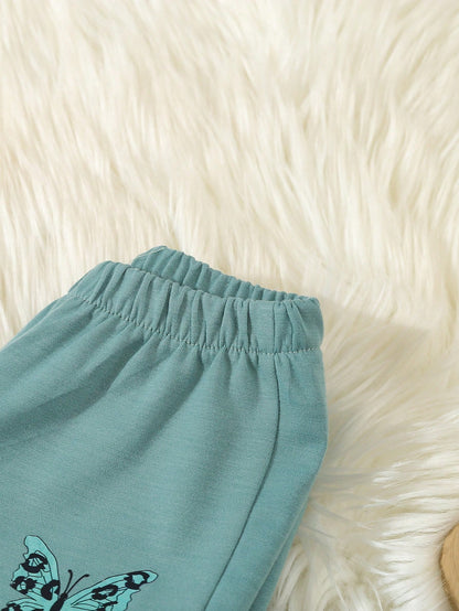 طقم كاجوال مكون من 3 قطع من جاكيت بيسبول طباعة فهد للفتاة الصغيرة، وبلوزة طباعة فراشة وبنطلون رياضي في الربيع والخريف