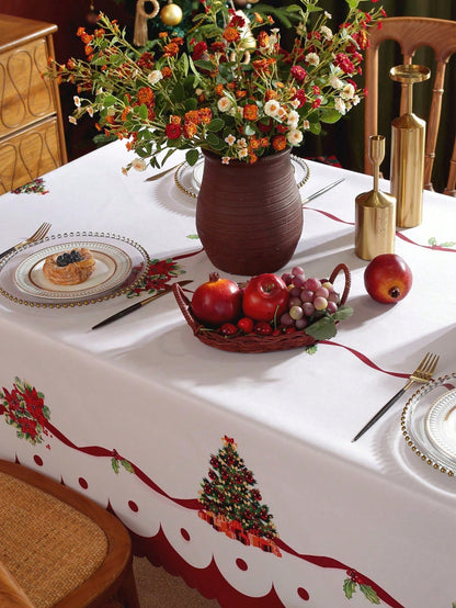 مفرش طاولة عيد الميلاد المبهج - أحمر بزخارف أزهار وشرائط احتفالية، مفرش طاولة مستطيل للأعياد والديكور المنزلي، ديكورات طاولة عيد الميلاد