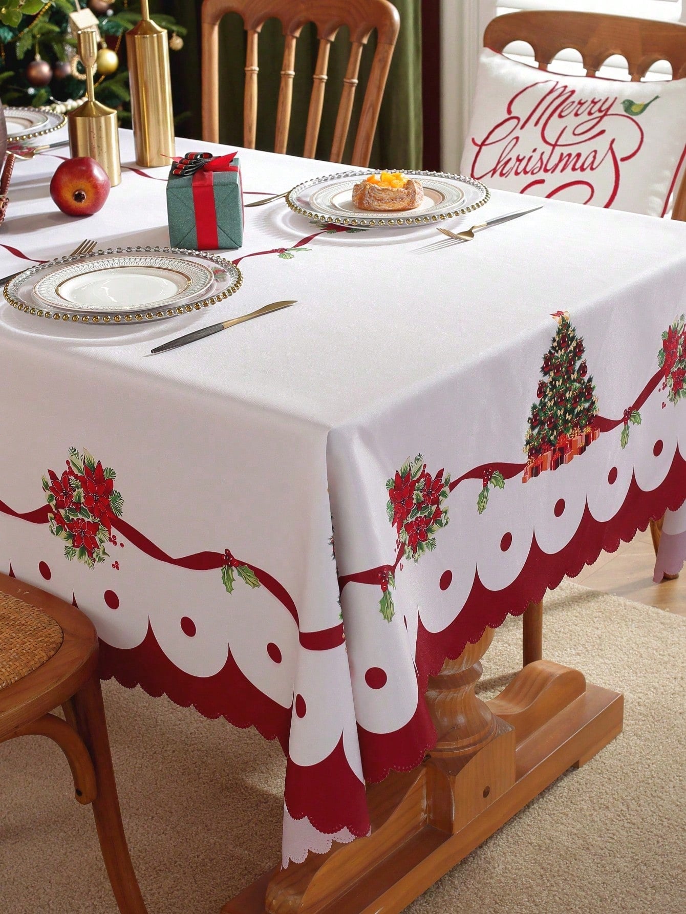 مفرش طاولة عيد الميلاد المبهج - أحمر بزخارف أزهار وشرائط احتفالية، مفرش طاولة مستطيل للأعياد والديكور المنزلي، ديكورات طاولة عيد الميلاد
