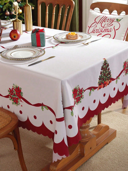 مفرش طاولة عيد الميلاد المبهج - أحمر بزخارف أزهار وشرائط احتفالية، مفرش طاولة مستطيل للأعياد والديكور المنزلي، ديكورات طاولة عيد الميلاد