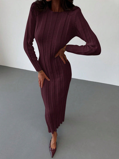 فستان كنزة صوفية طويلة بياقة مستديرة جديد، دافئ ومريح، قطعة متعددة الاستخدامات للارتداء اليومي