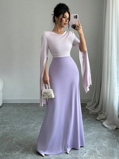 فستان نسائي طويل ذو أكمام منفصلة واسعة مخضر الذيل