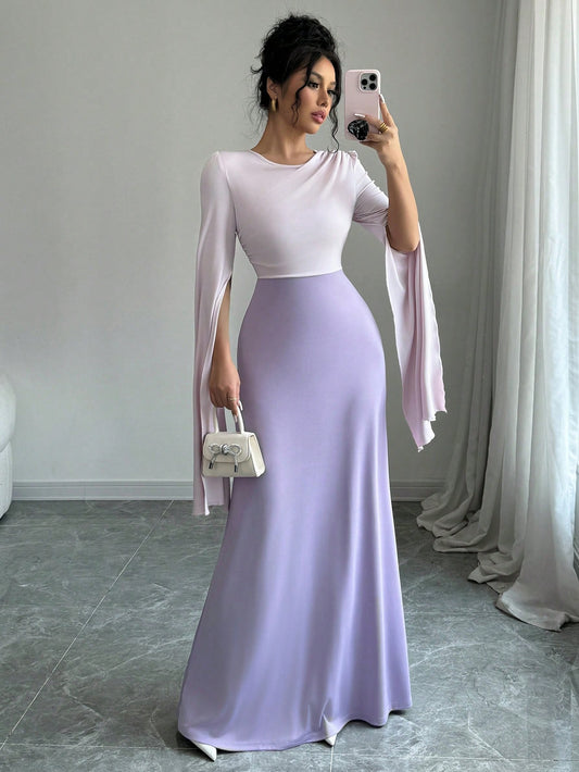 فستان نسائي طويل ذو أكمام منفصلة واسعة مخضر الذيل