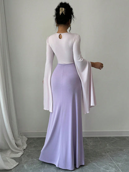 فستان نسائي طويل ذو أكمام منفصلة واسعة مخضر الذيل