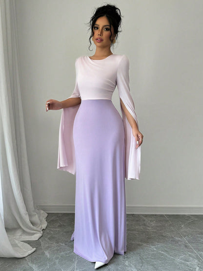 فستان نسائي طويل ذو أكمام منفصلة واسعة مخضر الذيل