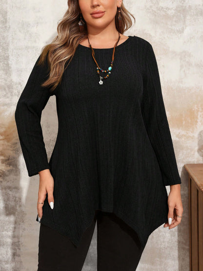 تيشيرت بياقة طاقم بأكمام طويلة وتصميم بسيط للنساء