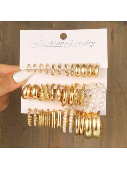 مجموعة 12 قطعة من الأقراط الهندسية البسيطة المصنوعة من اللؤلؤ الصناعي والمعدن للنساء، هدية للأعياد والمواعيد العاطفية والإرتداء اليومي