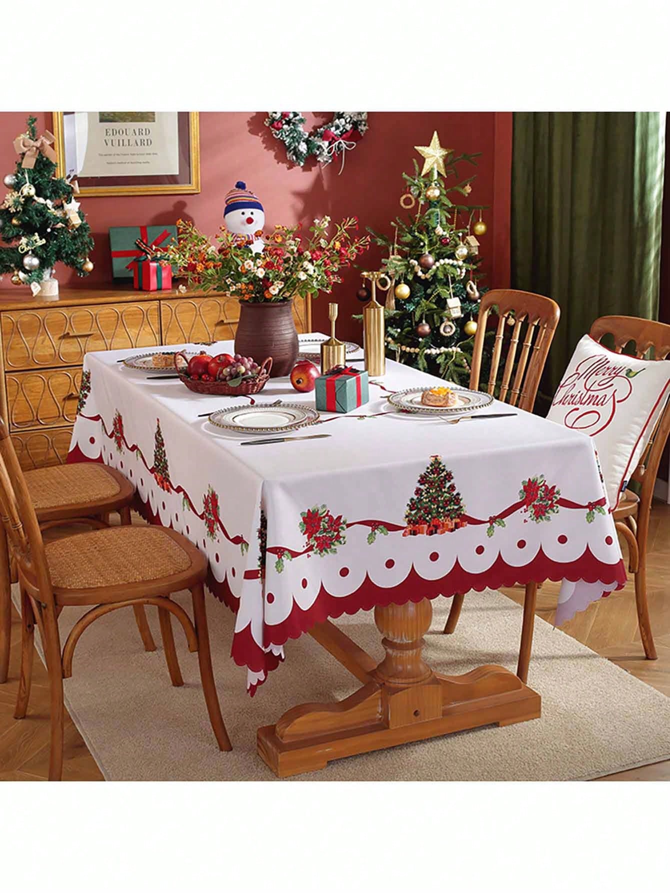 مفرش طاولة عيد الميلاد المبهج - أحمر بزخارف أزهار وشرائط احتفالية، مفرش طاولة مستطيل للأعياد والديكور المنزلي، ديكورات طاولة عيد الميلاد