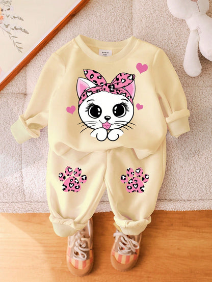 طقم بلوزة مبطنة وبنطلون قطني ناعم للبنات الصغار، ملابس سميكة كاجوال للخريف والشتاء