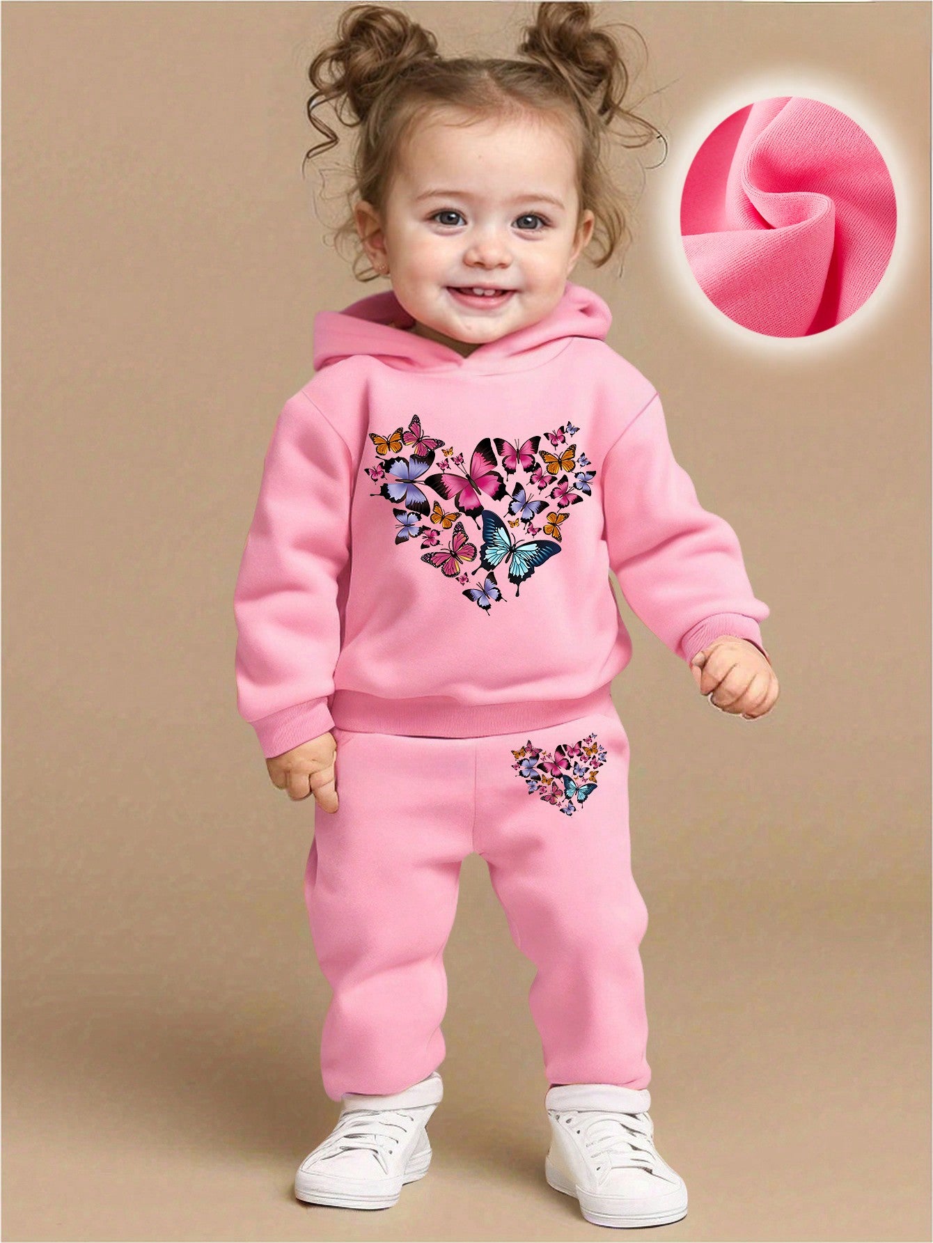 طقم من قطعتين لفتاة رضيعة: هوديputت بطباعة القلب والفراشة وبنطلون، خريف/شتاء