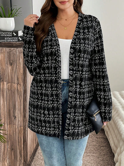 معطف مفتوح الأمام طويل الأكمام بخطوط مربعة قياس كبير للنساء