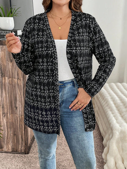 معطف مفتوح الأمام طويل الأكمام بخطوط مربعة قياس كبير للنساء