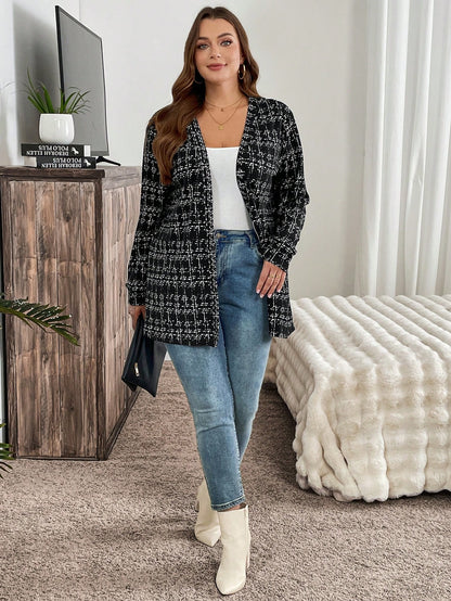 معطف مفتوح الأمام طويل الأكمام بخطوط مربعة قياس كبير للنساء