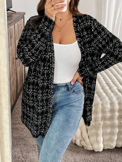 معطف مفتوح الأمام طويل الأكمام بخطوط مربعة قياس كبير للنساء