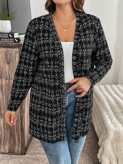معطف مفتوح الأمام طويل الأكمام بخطوط مربعة قياس كبير للنساء