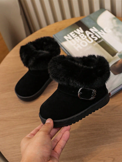 بوت ثلج سميكة وساخنة مزينة بشريط فرو أطفال وإبزيم