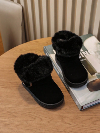 بوت ثلج سميكة وساخنة مزينة بشريط فرو أطفال وإبزيم