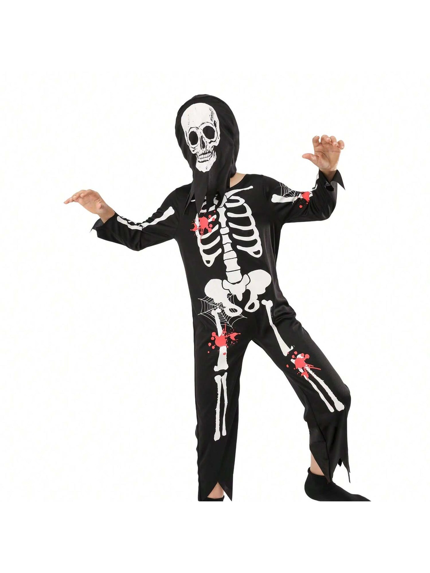 بدلة قفز بهيكل عظمي للأطفال من قطعتين من زي لعب الأدوار شبح هيكل عظمي مع غطاء للرأس