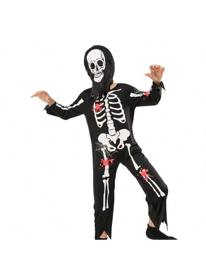 بدلة قفز بهيكل عظمي للأطفال من قطعتين من زي لعب الأدوار شبح هيكل عظمي مع غطاء للرأس