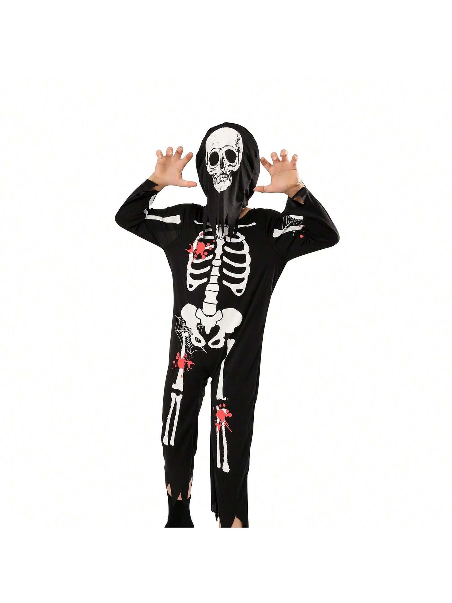 بدلة قفز بهيكل عظمي للأطفال من قطعتين من زي لعب الأدوار شبح هيكل عظمي مع غطاء للرأس